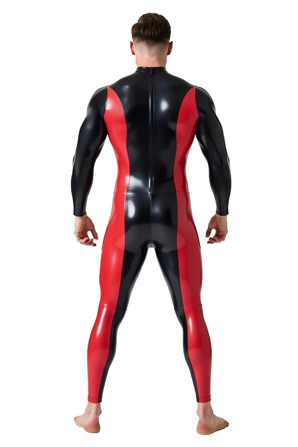 Joylgbt's Men’s Glossy Red & Black Zipper Catsuit with Snap-Front Panel – Fetish Full Bodysuit