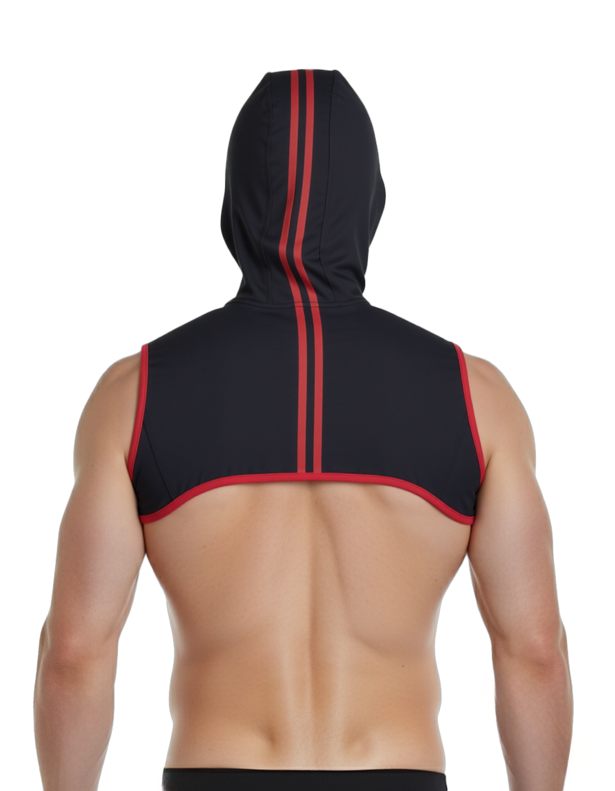 Joylgbt‘s Bold Open-Chest Muscle Hoodie - Black with Red Contrast Piping