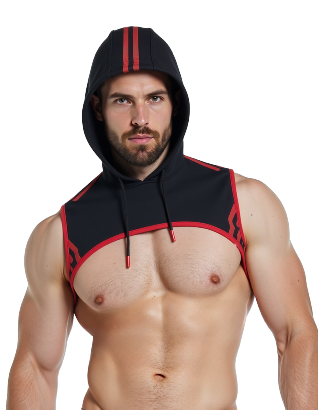 Joylgbt‘s Bold Open-Chest Muscle Hoodie - Black with Red Contrast Piping