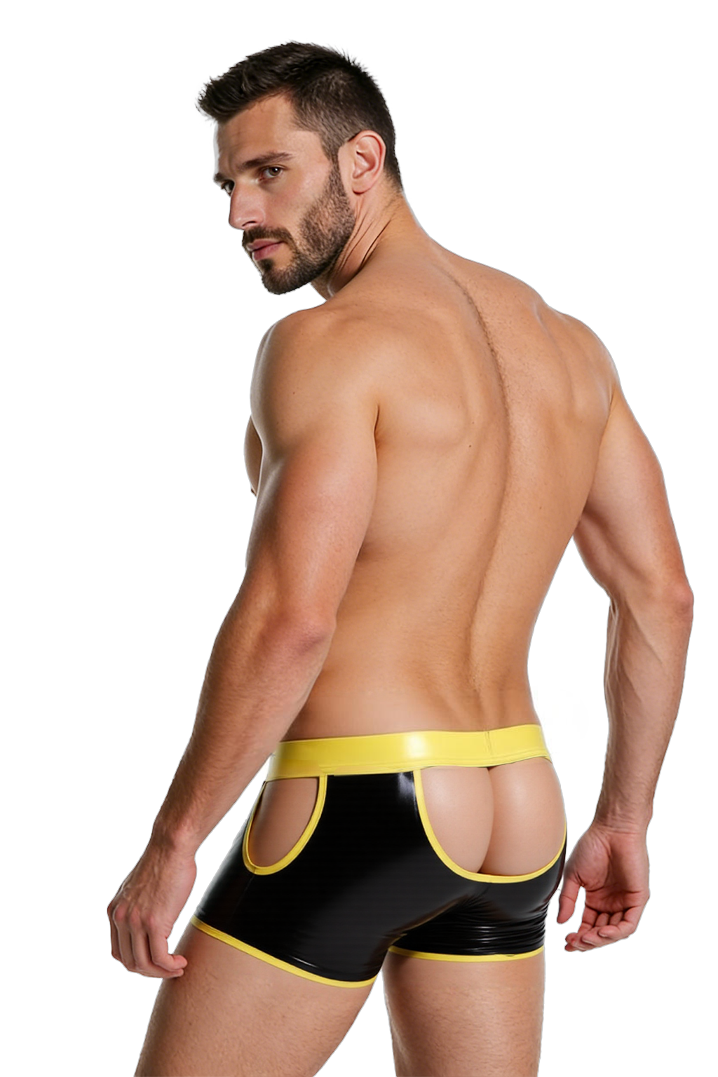 Joylgbt‘s Provocative Glossy Black Trunk Shorts - Rear Cut-out & Yellow Contrast Binding