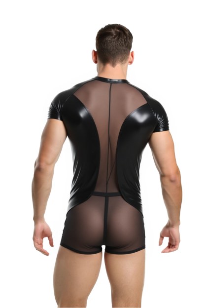 Joylgbt‘s Men's Faux Leather Sheer Mesh Panel Short Sleeve Bodysuit with Front Zipper