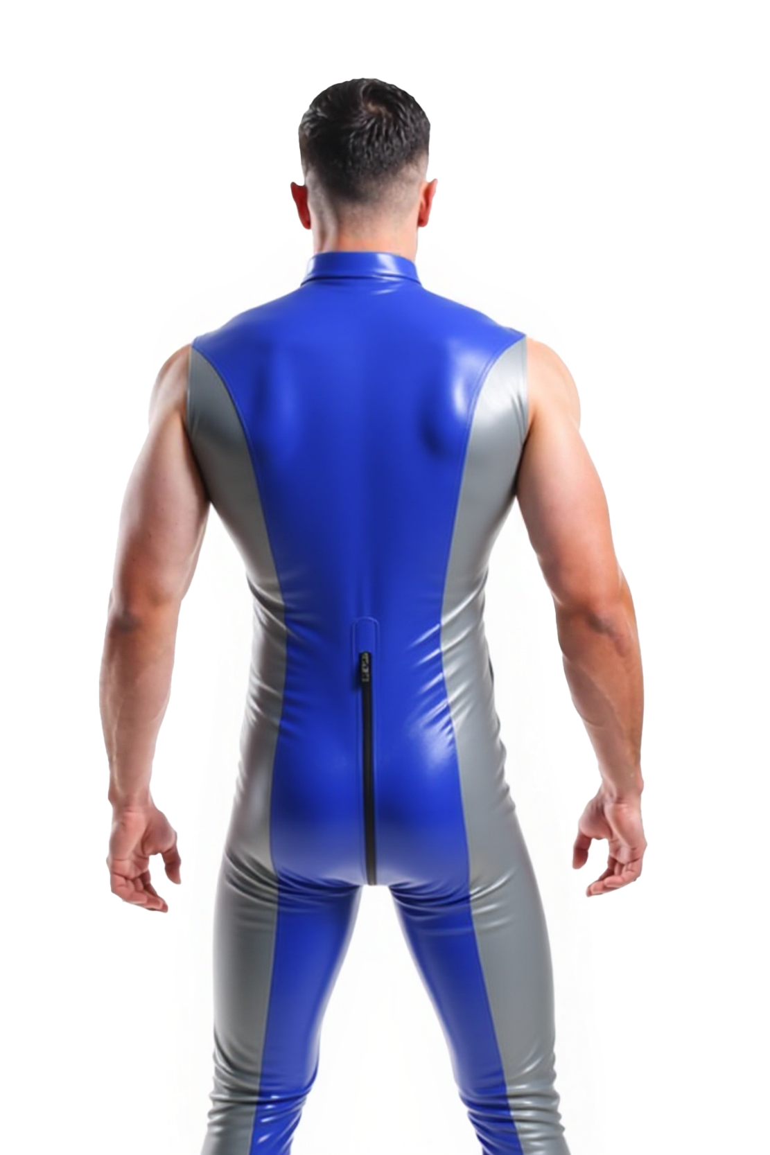 Joylgbt's Men's Blue & Gray Sleeveless Zipper Catsuit – Tight Fit Bodysuit for Club & Costume
