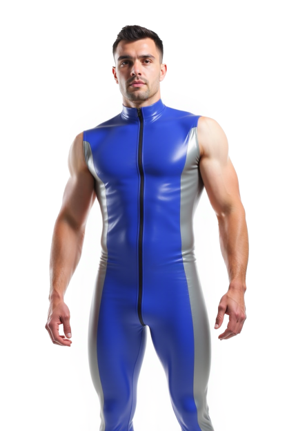 Joylgbt's Men's Blue & Gray Sleeveless Zipper Catsuit – Tight Fit Bodysuit for Club & Costume