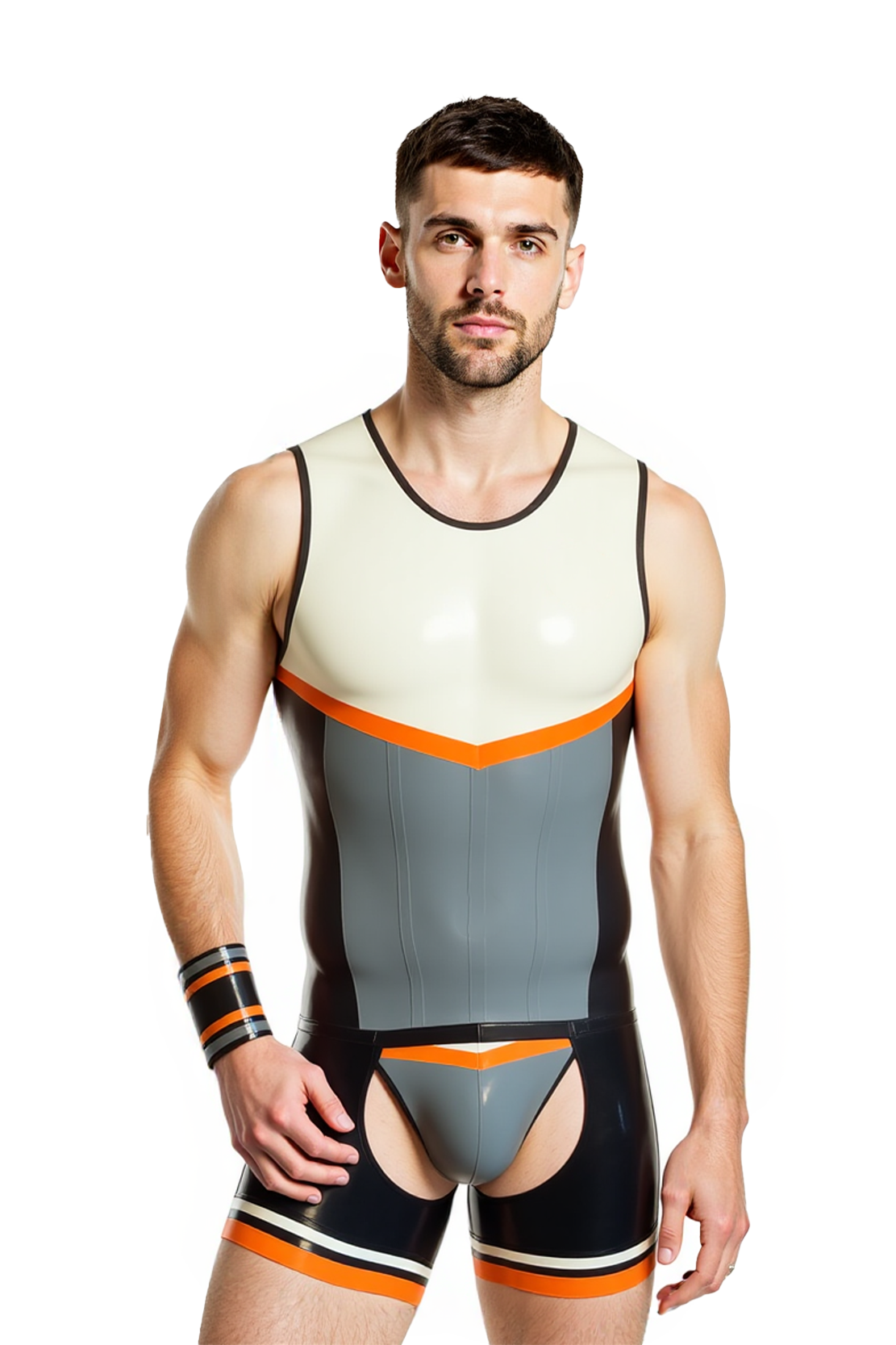 Joylgbt's Men's Cutout Colorblock Bodysuit – Bold Orange & Grey Contrast