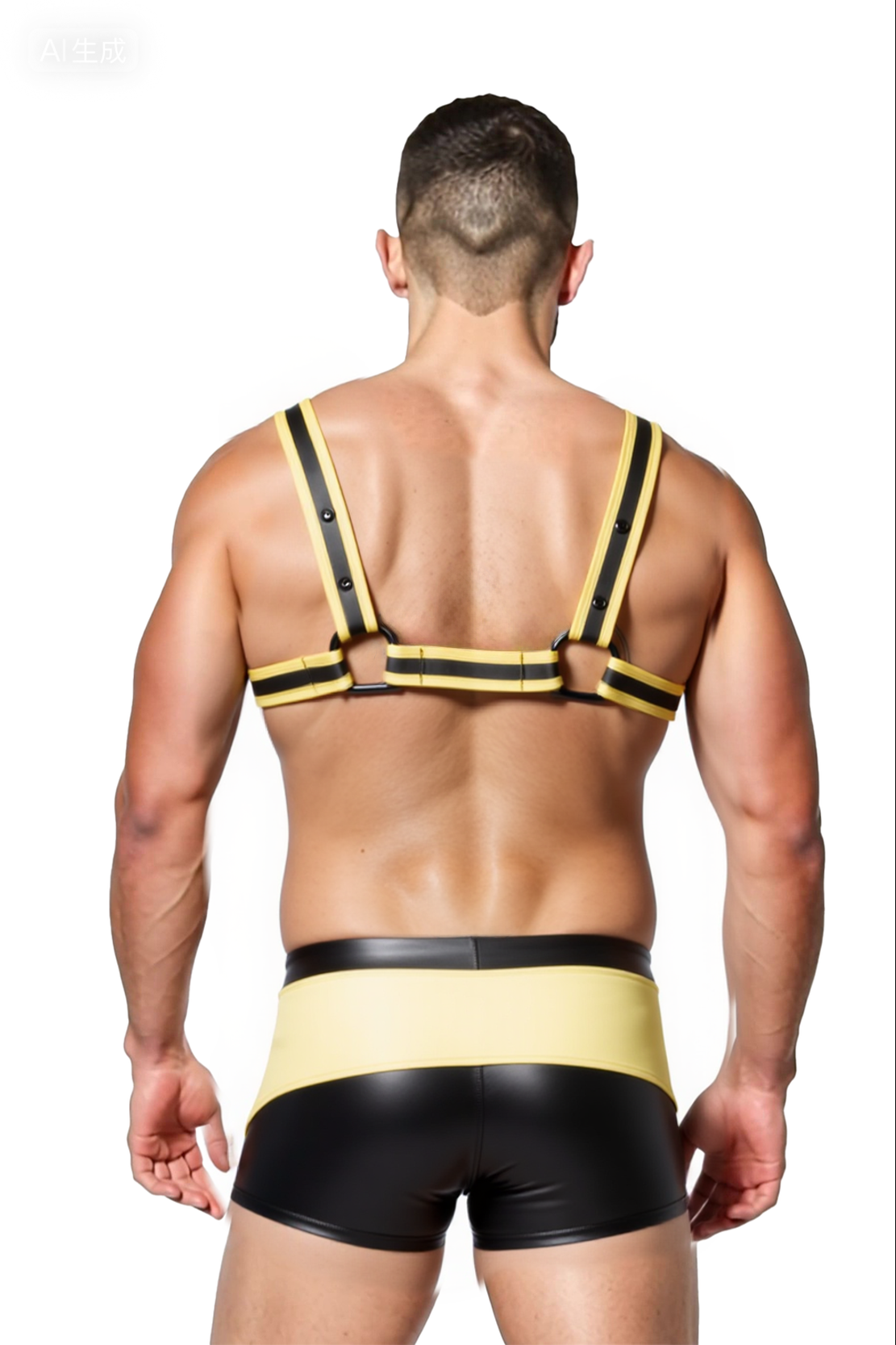 Joylgbt‘s Men's Faux Leather Fetish Harness Set – Yellow & Black Striped Chest Harness with Boxer Trunks