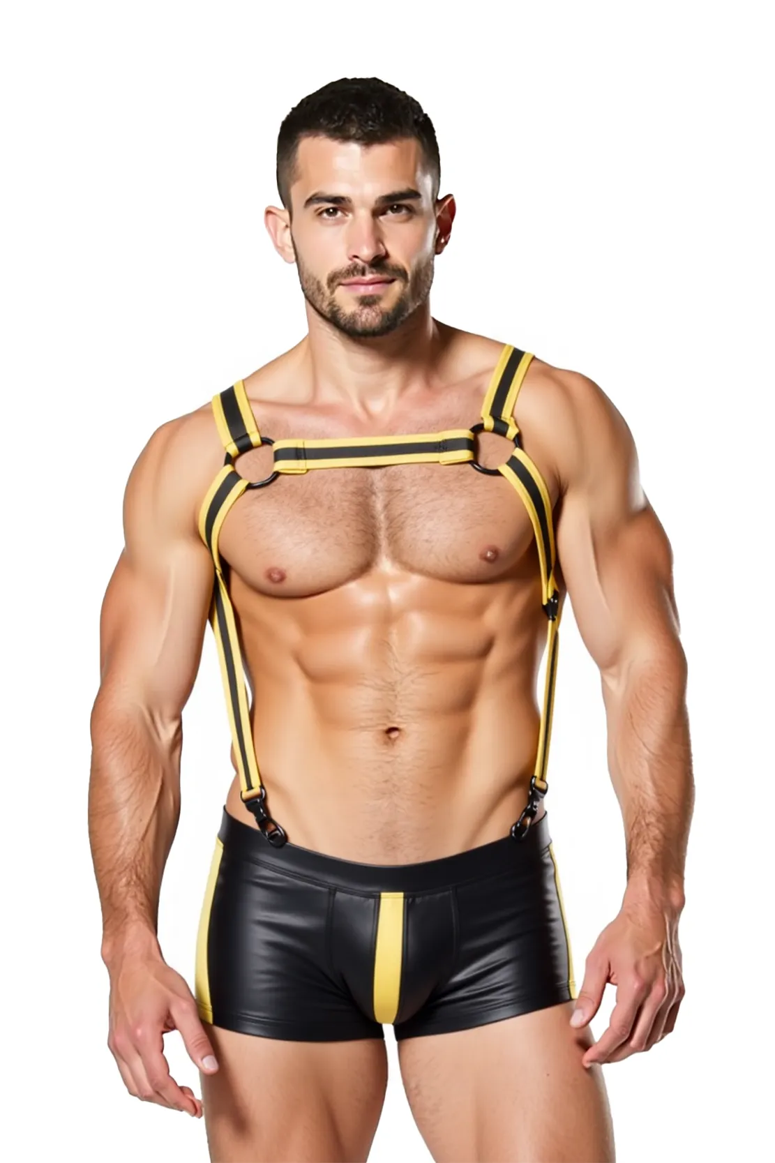 Elastic Chest Harness with Attached Shorts – Sleek Black and Yellow Clubwear