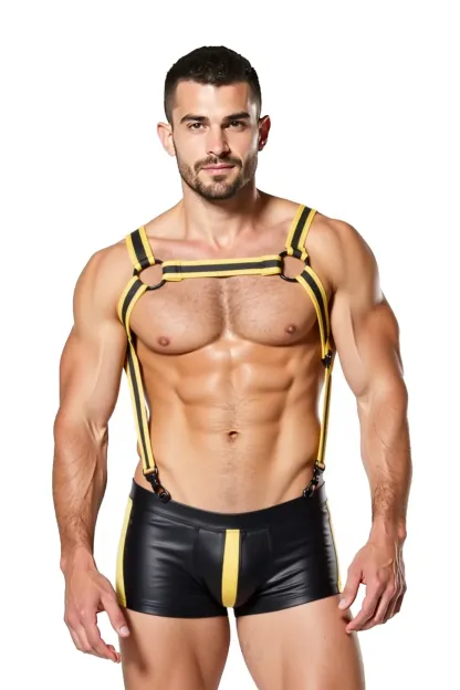 Elastic Chest Harness with Attached Shorts – Sleek Black and Yellow Clubwear