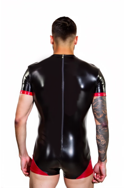 Joylgbt Men's Glossy Black & Red Bodysuit