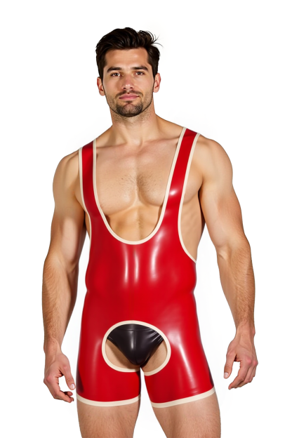Joylgbt's Men’s Open Crotch Bodysuit with Contrast Trim – Faux Latex PVC Leather Wrestling Singlet