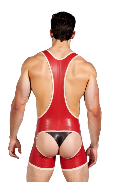 Joylgbt's Men’s Open Crotch Bodysuit with Contrast Trim – Faux Latex PVC Leather Wrestling Singlet