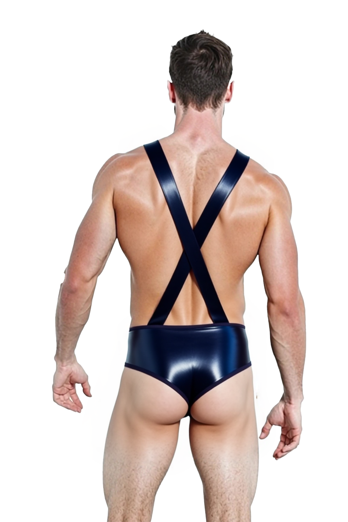 Joylgbt's Men's Shiny PVC Leather Cross-Back Bodysuit – Deep V Front with High-Cut Thong Design