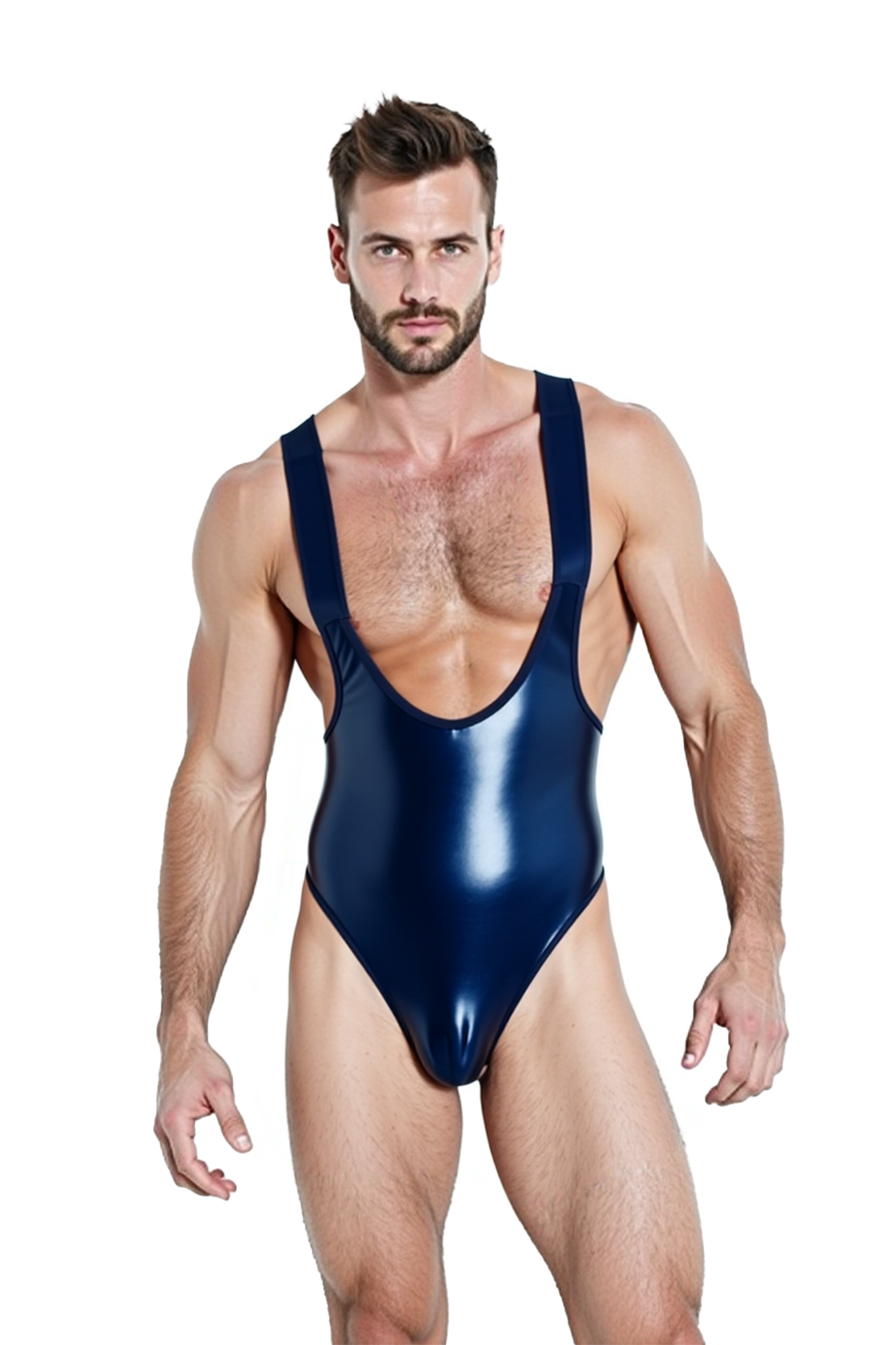 Joylgbt's Men's Shiny PVC Leather Cross-Back Bodysuit – Deep V Front with High-Cut Thong Design