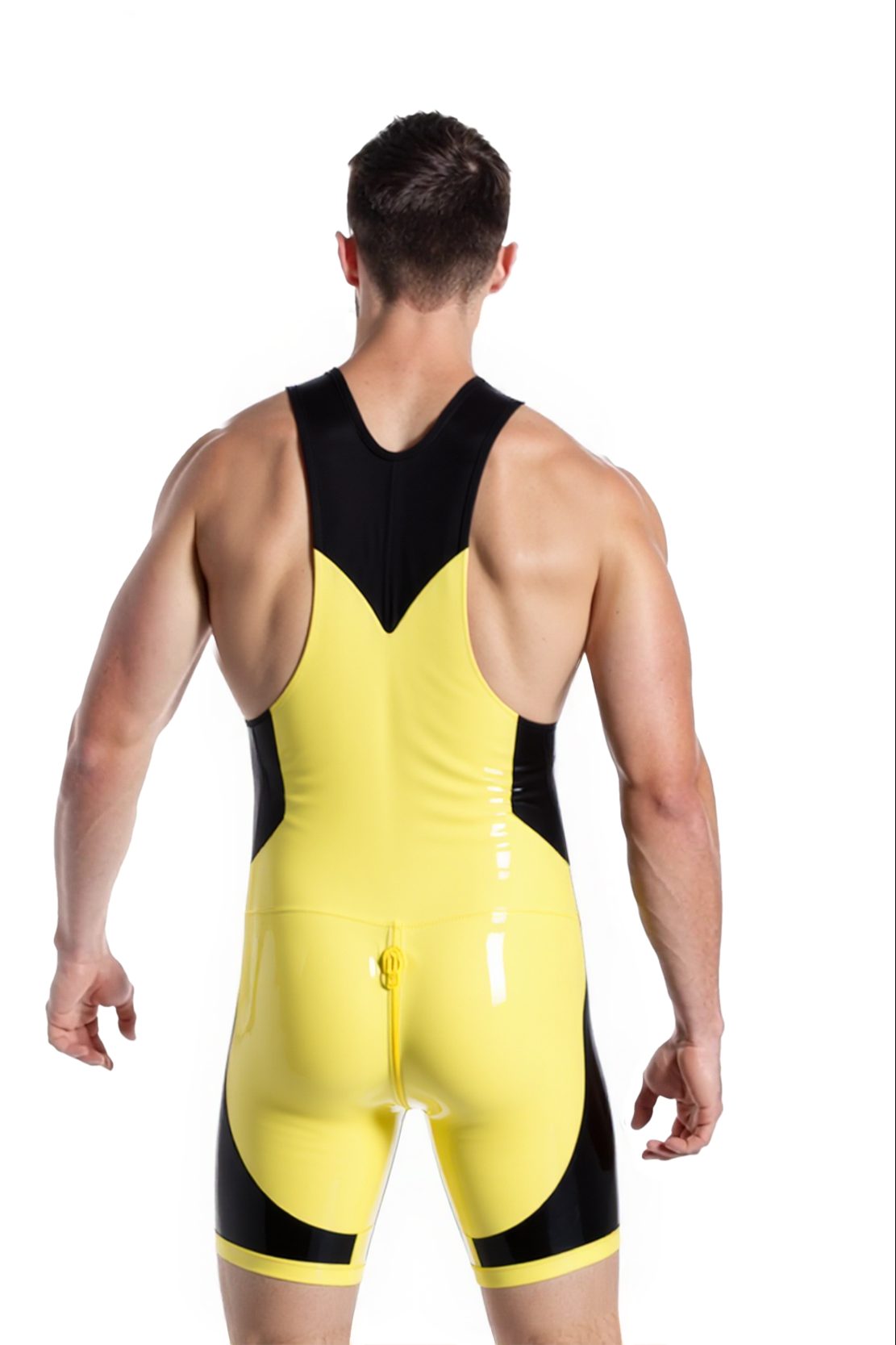 Joylgbt's Glossy Yellow & Black PVC Leather Men's Bodysuit with Front Zipper – Tight Fit Fetish Costume for Gay Roleplay