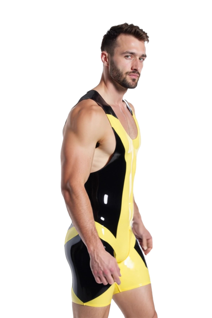Joylgbt's Glossy Yellow & Black PVC Leather Men's Bodysuit with Front Zipper – Tight Fit Fetish Costume for Gay Roleplay
