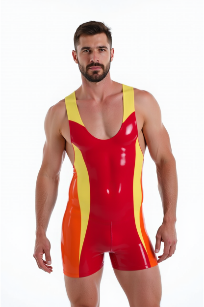 Joylgbt's Men’s Fire-Inspired Red PVC Bodysuit – Yellow & Orange Panel Design, Tight Fit Singlet