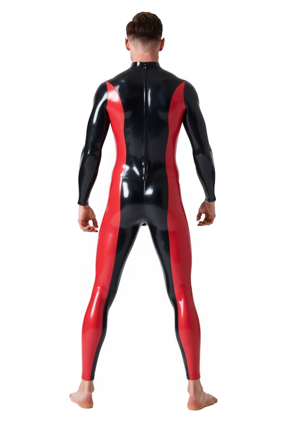 Joylgbt's Men’s Glossy Red & Black Zipper Catsuit with Snap-Front Panel – Fetish Full Bodysuit