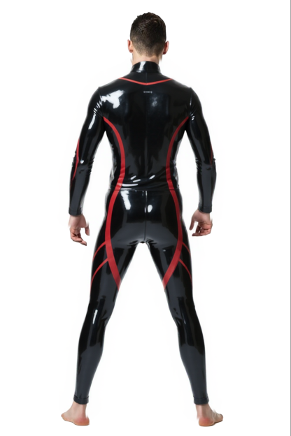 Joylgbt's Men’s Glossy Faux Leather Bodysuit – Black & Red Full-Length Fetish Suit with Snap Crotch
