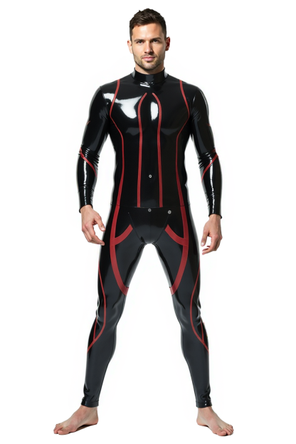 Joylgbt's Men’s Glossy Faux Leather Bodysuit – Black & Red Full-Length Fetish Suit with Snap Crotch