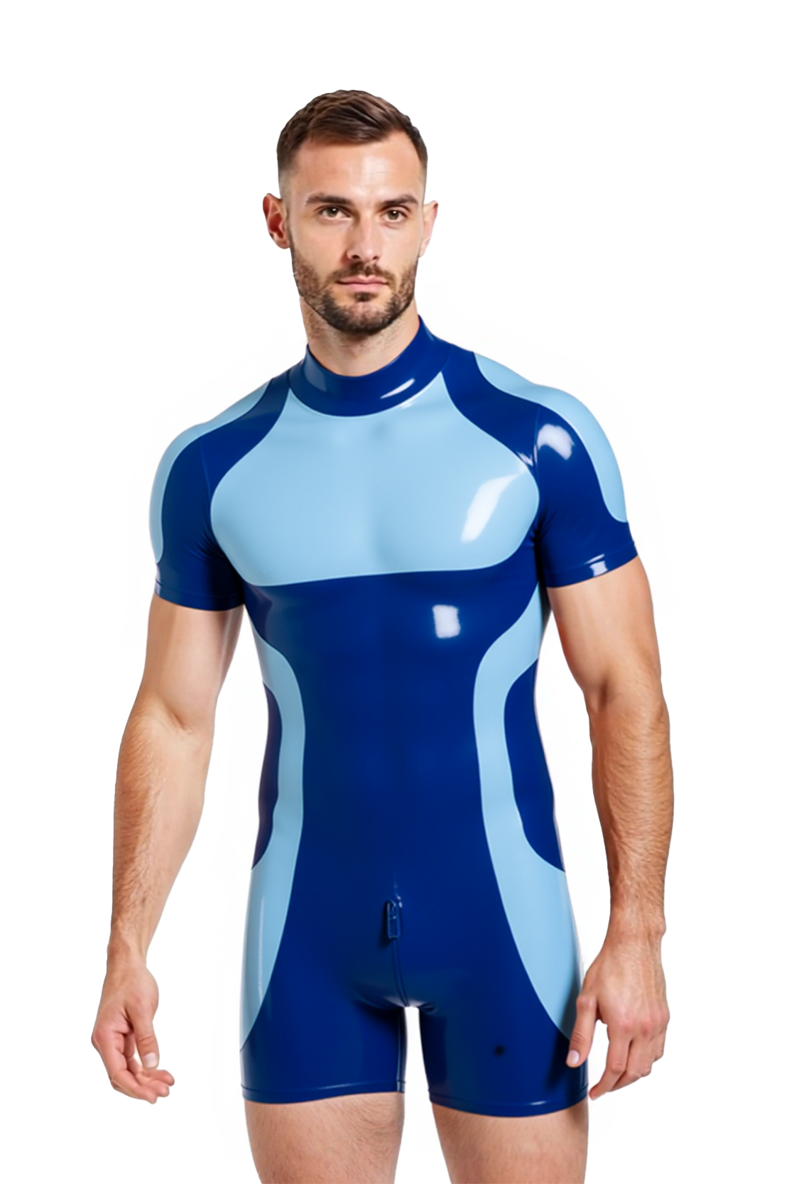 Joylgbt's Men's Glossy Faux Leather Bodysuit – Red & Black Short Sleeve Zipper Romper for Roleplay & Clubwear