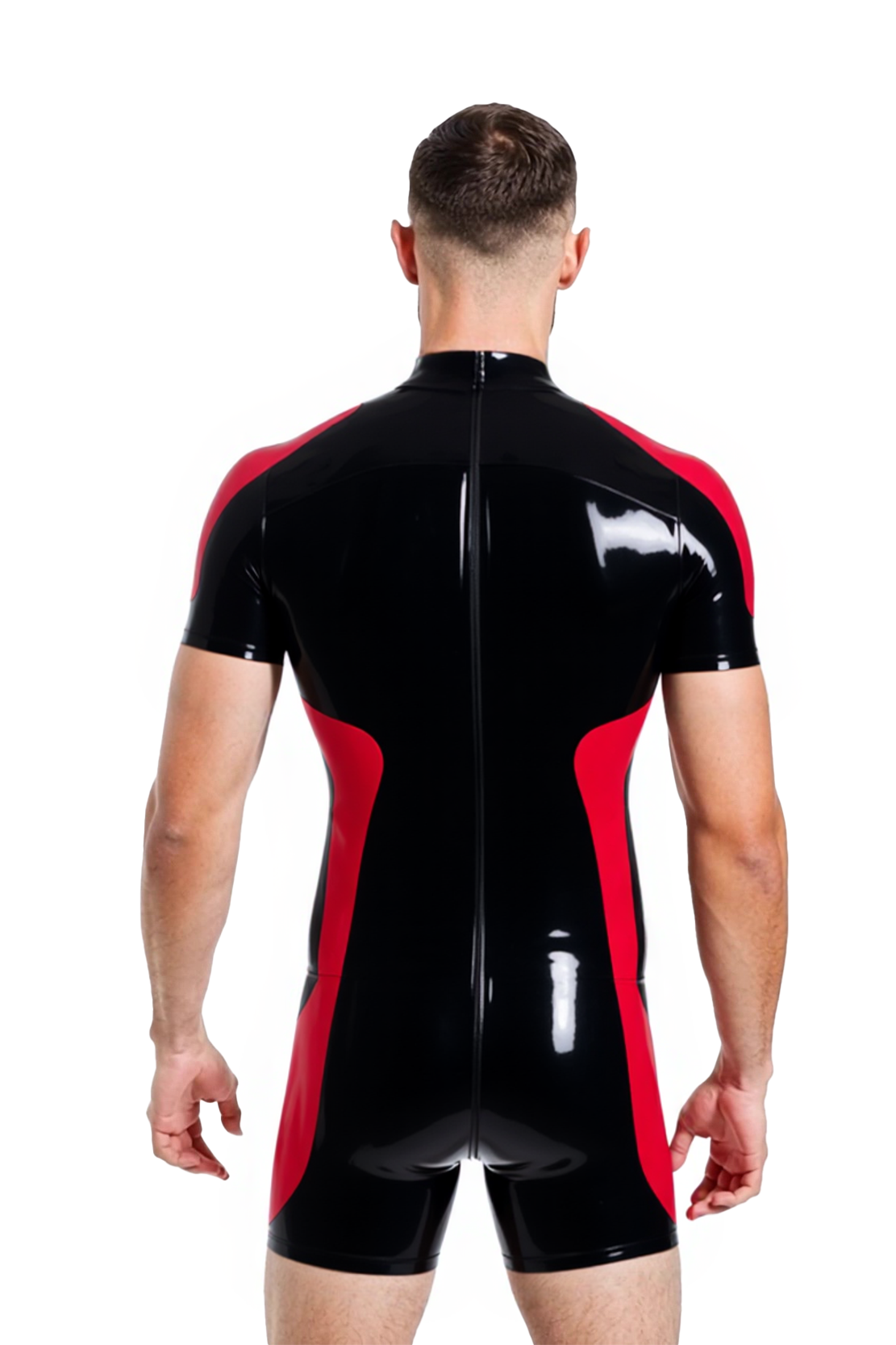 Joylgbt's Men's Glossy Faux Leather Bodysuit – Red & Black Short Sleeve Zipper Romper for Roleplay & Clubwear