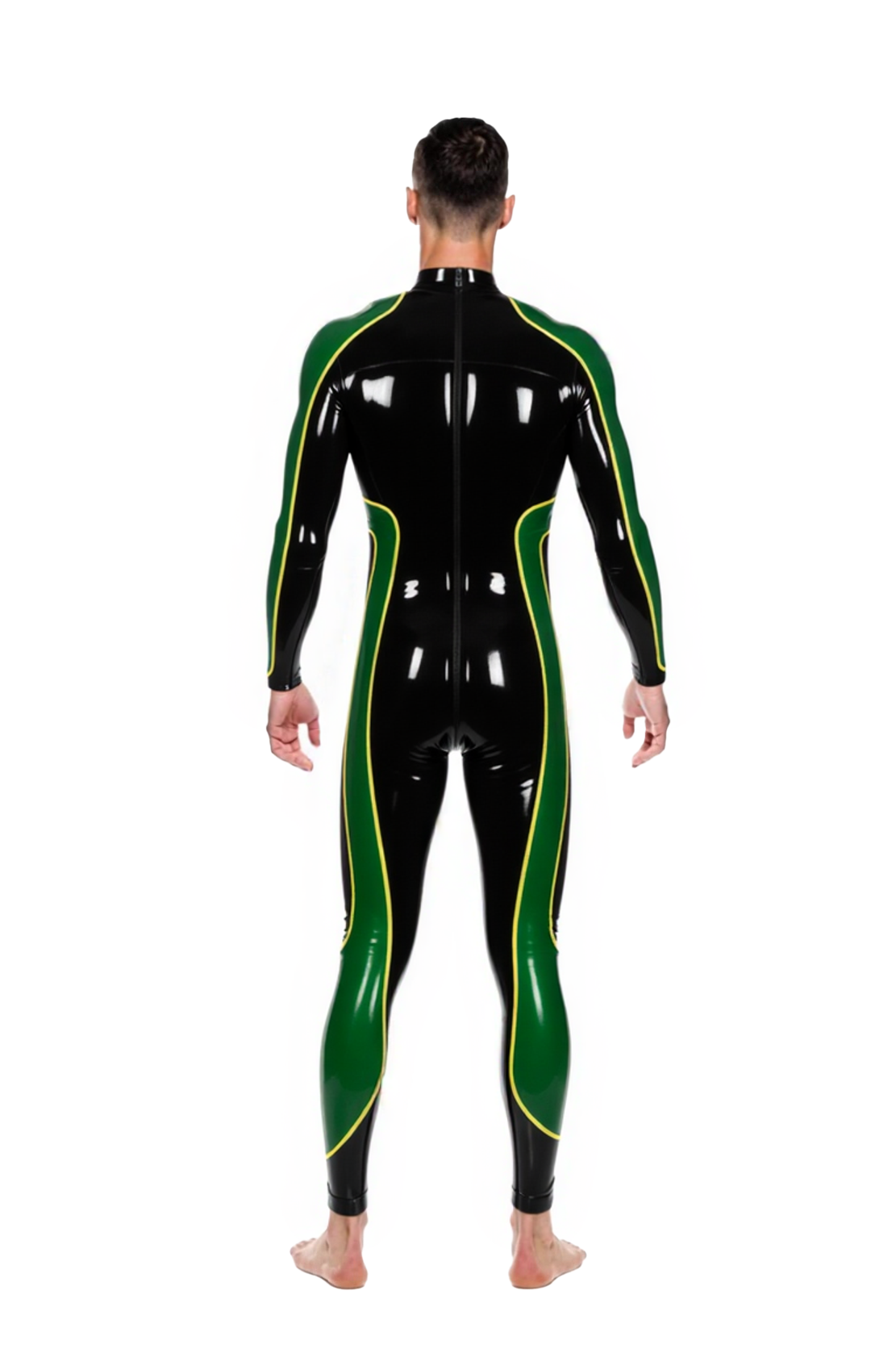 Joylgbt's Men's Glossy Faux Leather Catsuit – Green & Black Long Sleeve Jumpsuit with Yellow Accents
