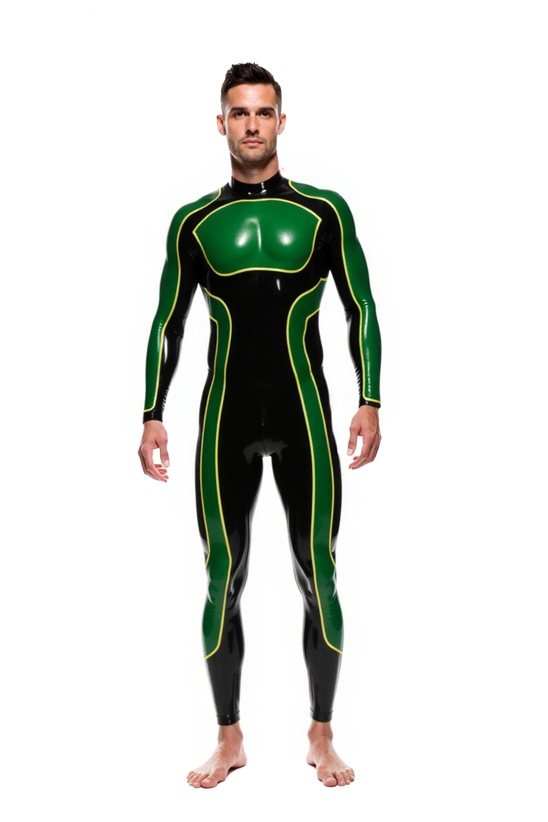 Joylgbt's Men's Glossy Faux Leather Catsuit – Green & Black Long Sleeve Jumpsuit with Yellow Accents