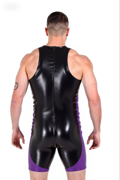 Joylgbt's Men's Sleeveless Zipper Bodysuit – Black & Purple Faux Leather Wrestler Suit for Gay Fetish Roleplay