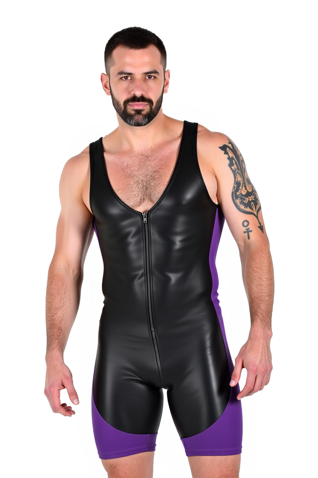 Joylgbt's Men's Sleeveless Zipper Bodysuit – Black & Purple Faux Leather Wrestler Suit for Gay Fetish Roleplay