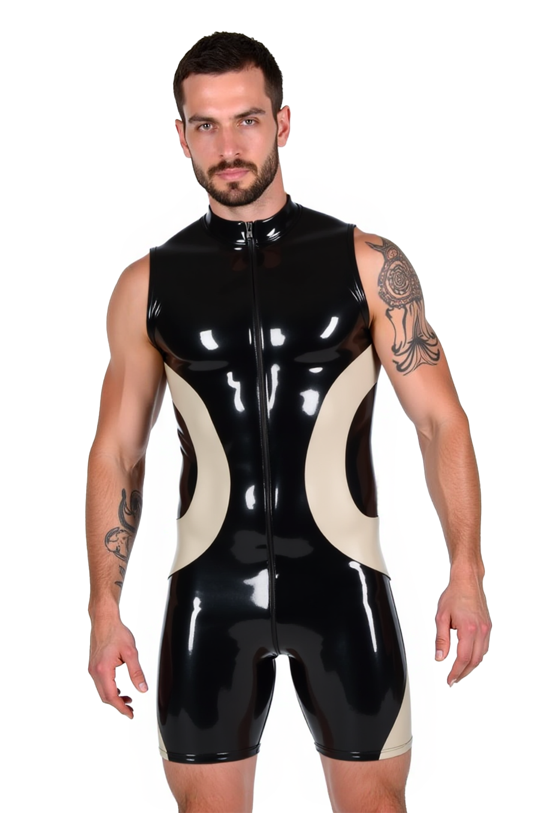 Joylgbt's Men's Sleeveless Front Zip PU Leather Bodysuit with Cream Panels – Shiny Muscle Fit One-Piece