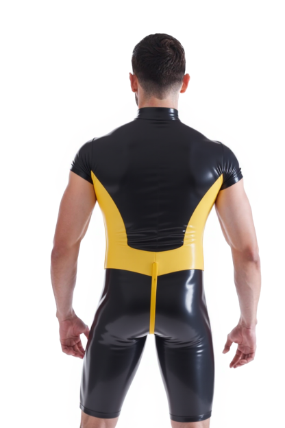 Joylgbt's Men's Shiny PVC Leather Short Sleeve Bodysuit – Yellow & Black Zip-Up Fetish Romper