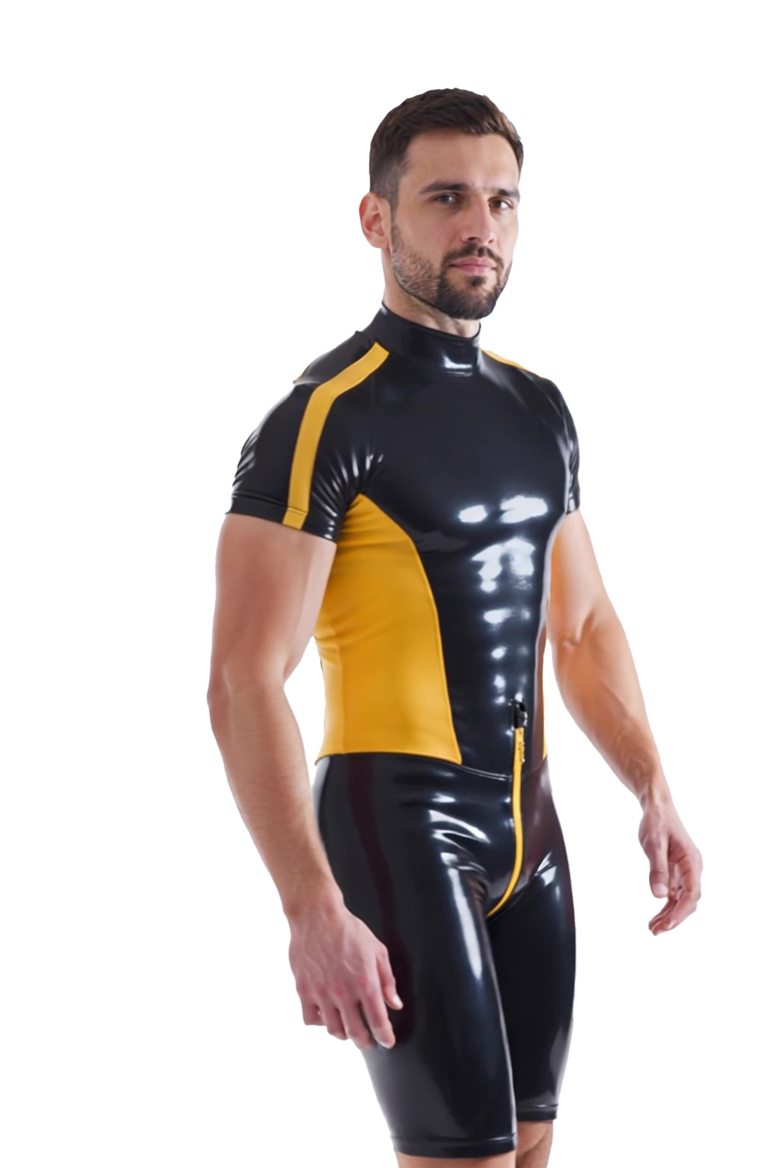 Joylgbt's Men's Shiny PVC Leather Short Sleeve Bodysuit – Yellow & Black Zip-Up Fetish Romper