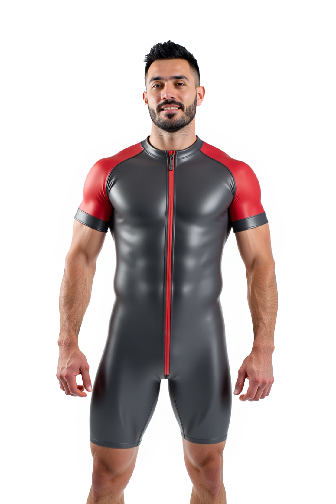 Joylgbt's Two-Tone PVC Leather Bodysuit for Men – Short Sleeve Zip-Up Fetish Romper