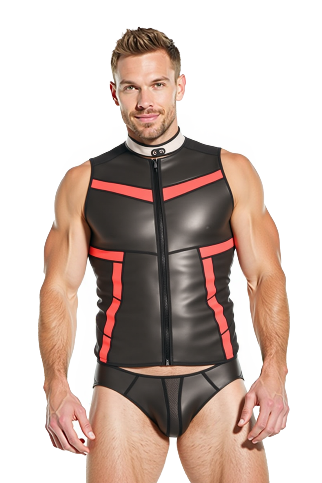 Joylgbt‘s Men's PV Leather Fetish Set – Sleeveless Zip Vest & Briefs with Red Accents