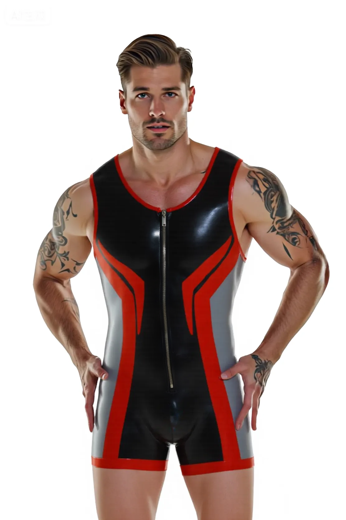 Joylgbt's Men’s Open Back PU Leather Singlet – Black & Grey with Red Trim Design