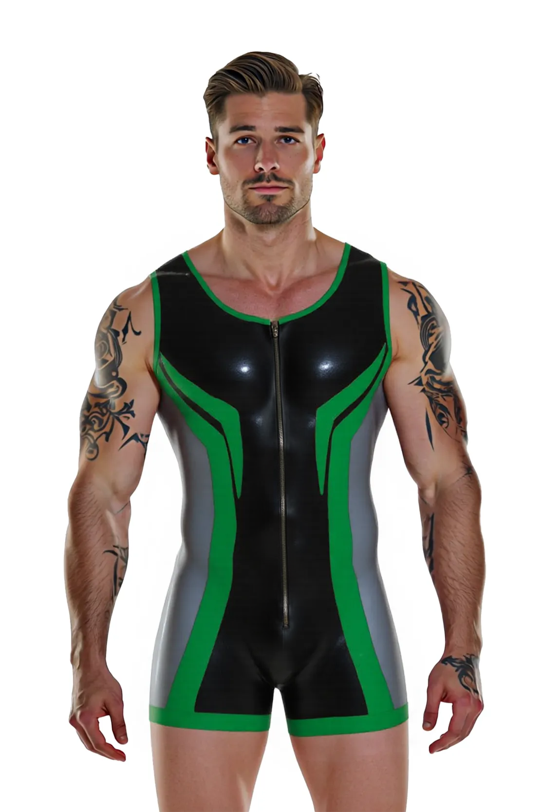 Joylgbt's Men’s Open Back PU Leather Singlet – Black & Grey with Red Trim Design