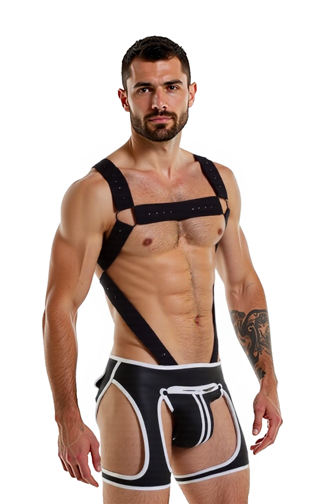Joylgbt White Trim Harness & Open Jock Shorts Set