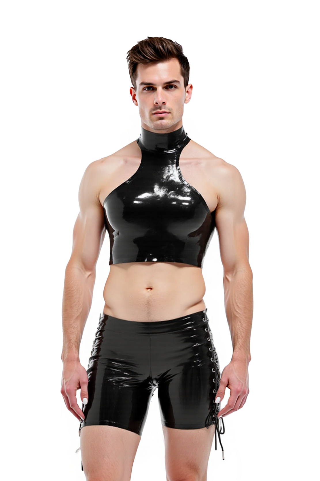 Joylgbt‘s High Neck Black Faux Leather Crop Top & Lace-Up Shorts Set for Men – Fetish Clubwear