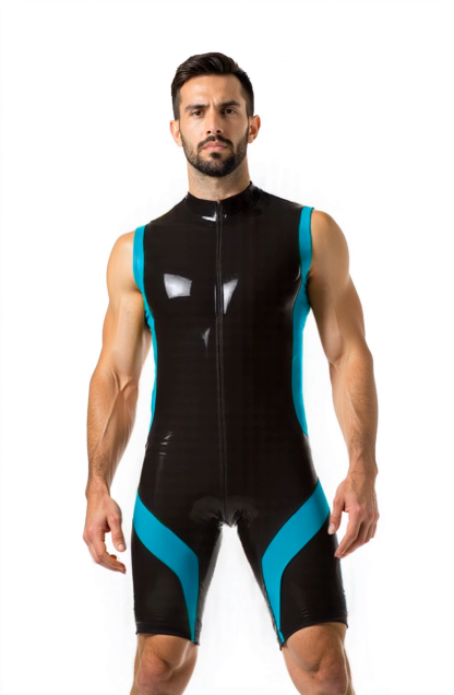 Joylgbt Men’s High-Neck PU Singlet Bodysuit – Glossy Black with Red Accents
