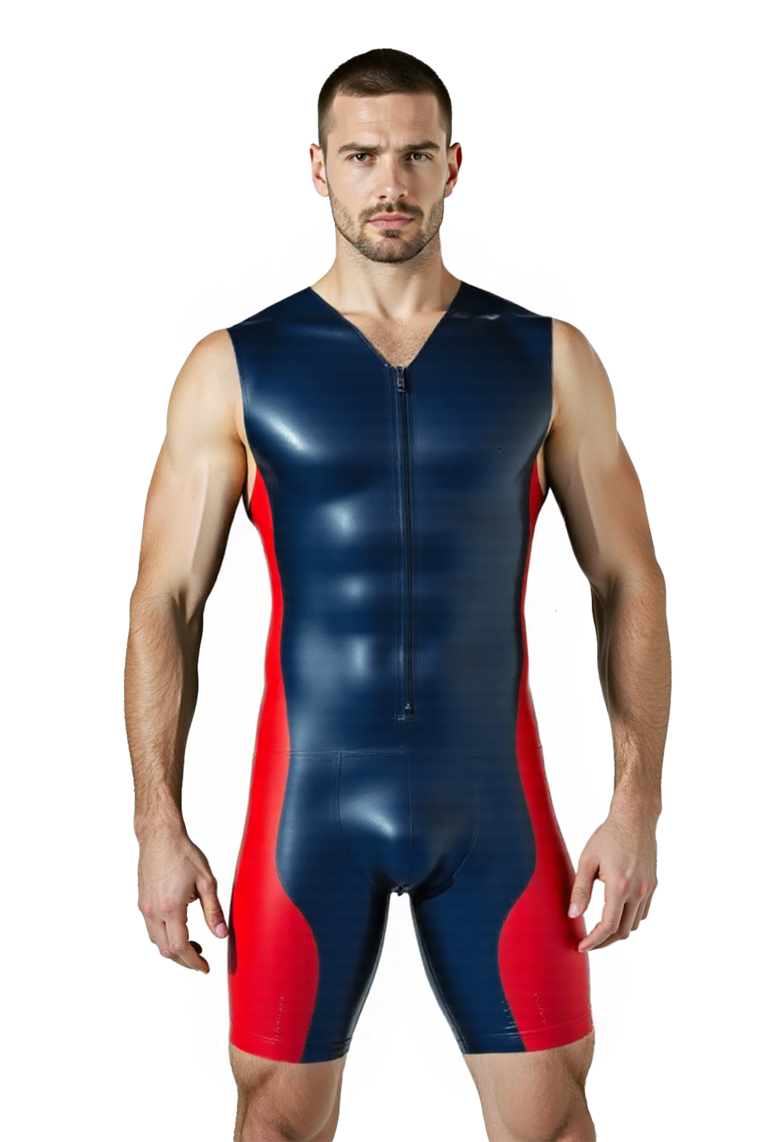 Joylgbt Teal & Red High-Gloss Racing Unitard | Contrast Panel Zipper Singlet