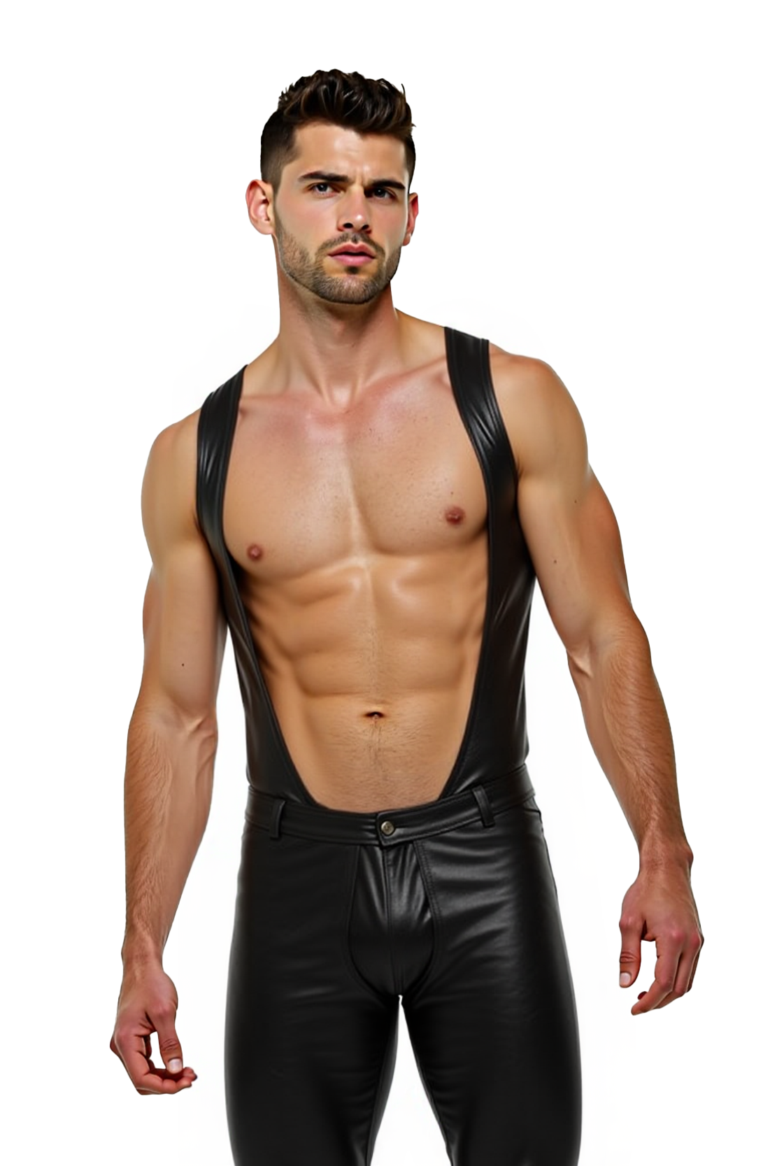 Joylgbt‘s Men's Black Faux Leather Body Suit | Wide Strap Fitted Jumpsuit