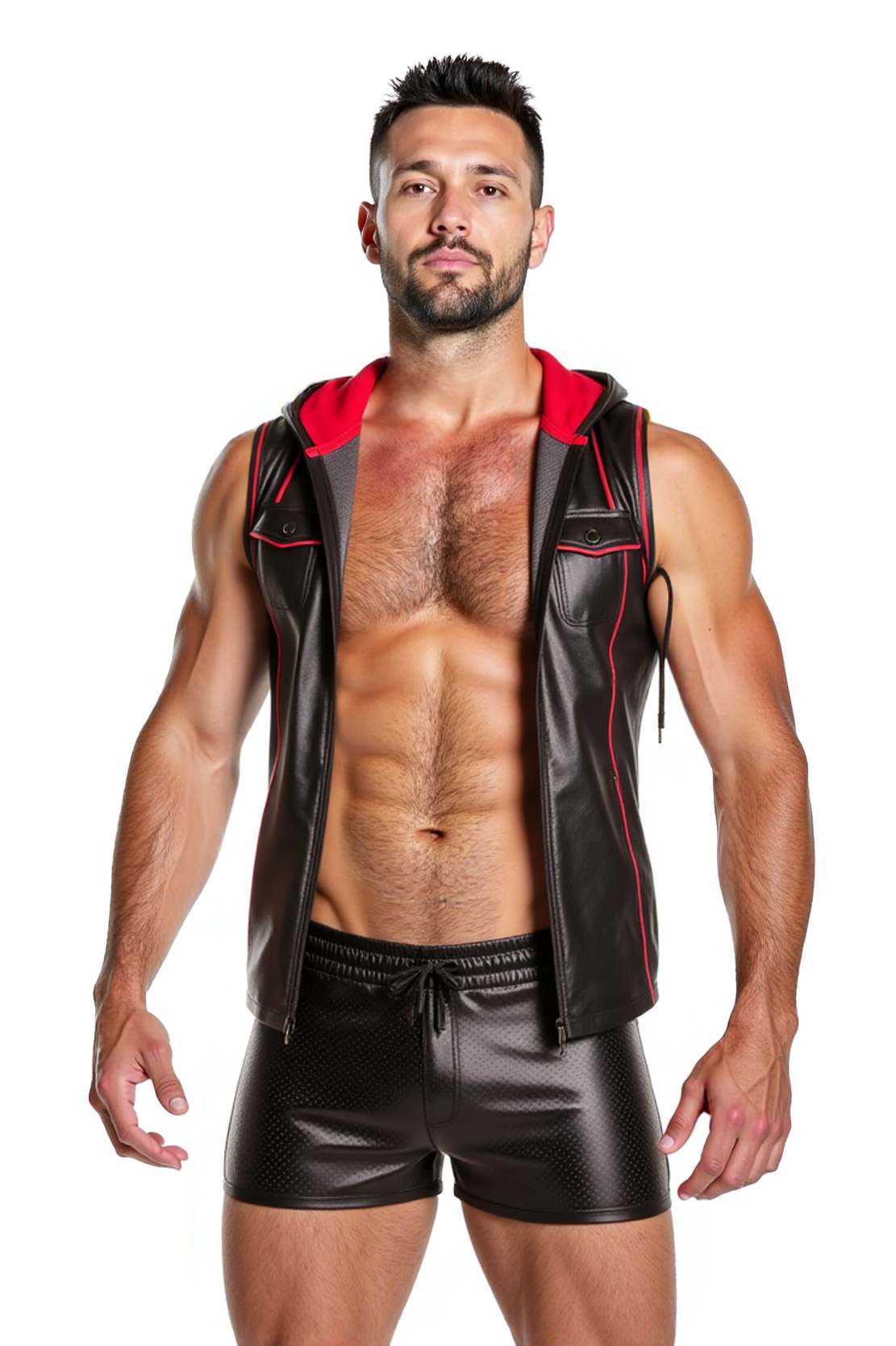 Joylgbt‘s Men’s PU Leather Cutout Bodysuit – Red & White Geometric Long Sleeve Open Chest Design