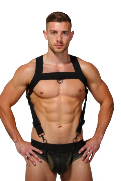 Joylgbt‘s Men's Black Wide-Strap Harness & Contrast Briefs Set