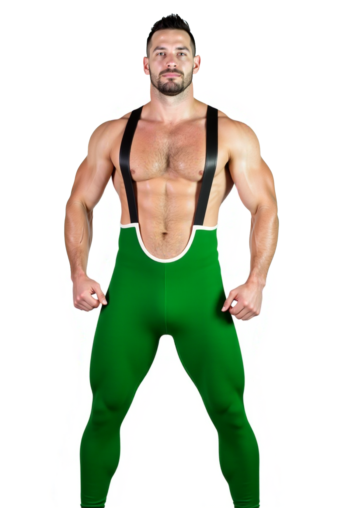Joylgbt's Men's Christmas Green Suspender Bodysuit – Deep U-Neck Stretch Fit with Faux Leather Straps