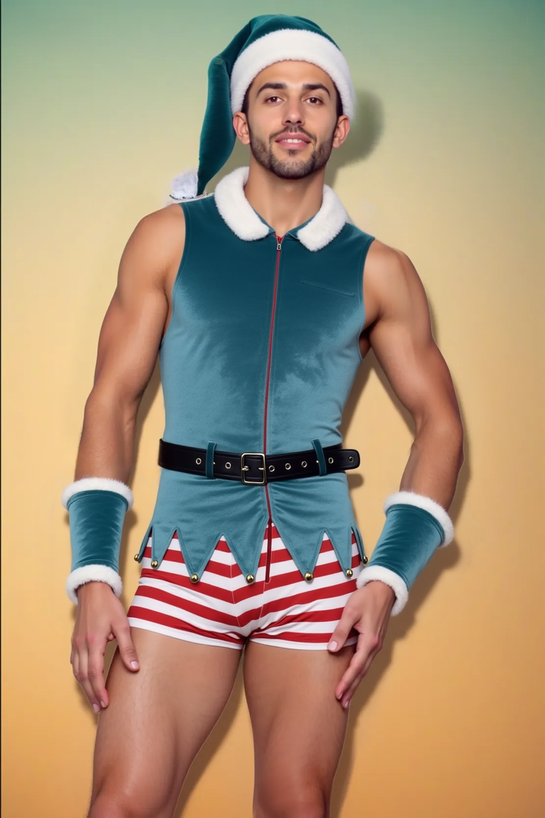 Joylgbt's Christmas Velvet Elf Costume with Striped Shorts