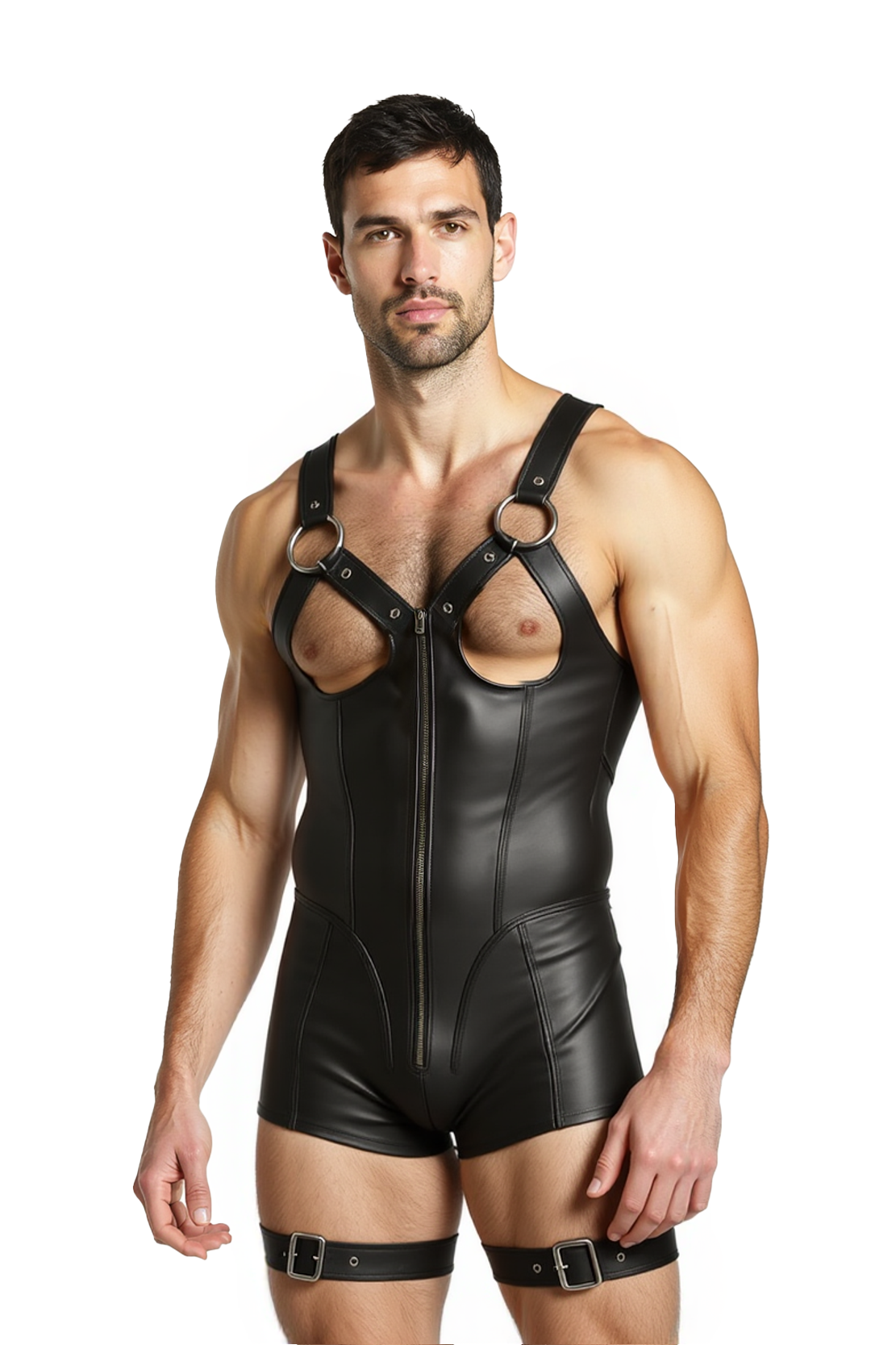 Joylgbt‘s Men's Black Faux Leather O-Ring Cut-Out Bodysuit