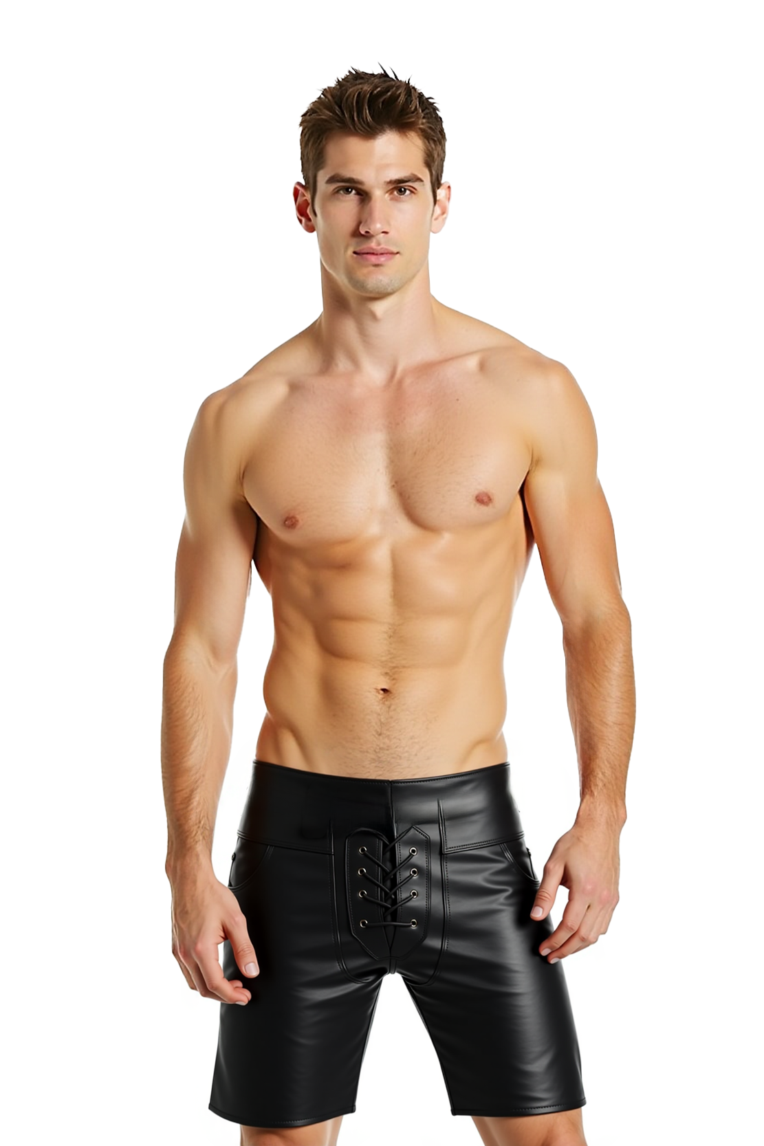 Joylgbt‘s Men's Black Faux Leather ShortsLace-Up Front