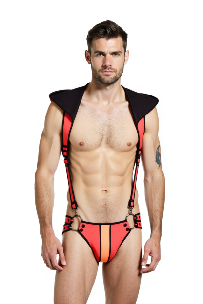 Joylgbt‘s Men's Neon Harness Thong Set – Red & Orange Strappy Festival Outfit with Padded Shoulders