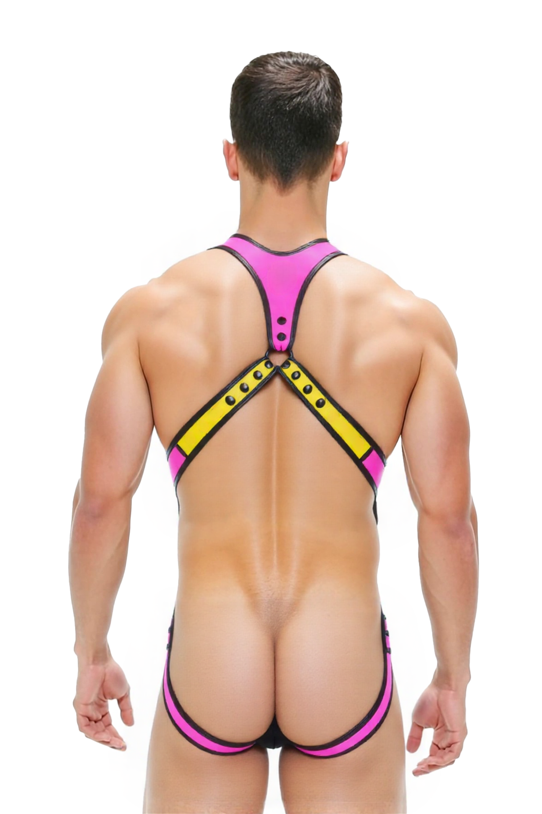 Joylgbt‘s Neon Tri-Color Sling Harness Leotard | High-Cut PVC Festival Suit