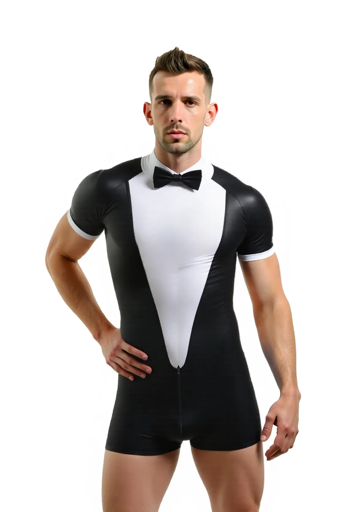 JoyLGBT Men's Tuxedo-Style PU Leather Romper – Short Sleeve Bodysuit with Bow Tie