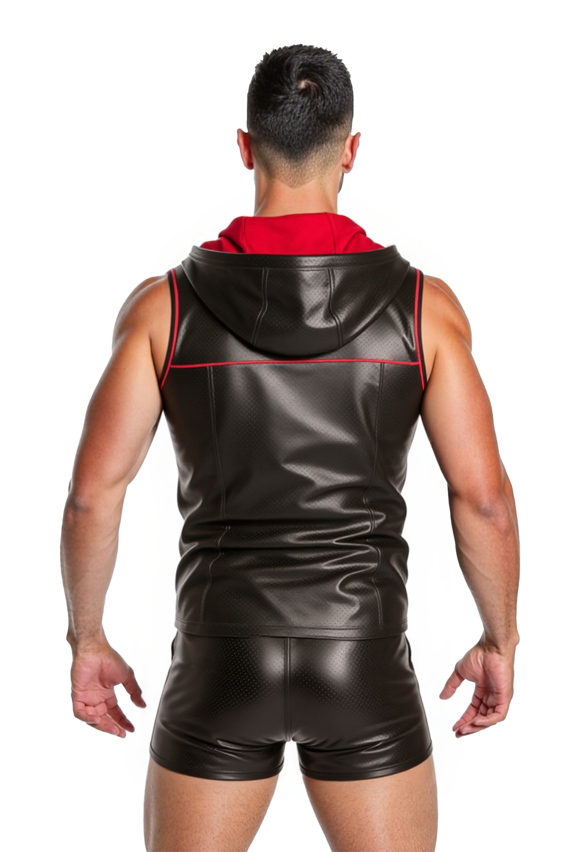 Joylgbt‘s Men's Red PU Leather Zip Hoodie with Shorts